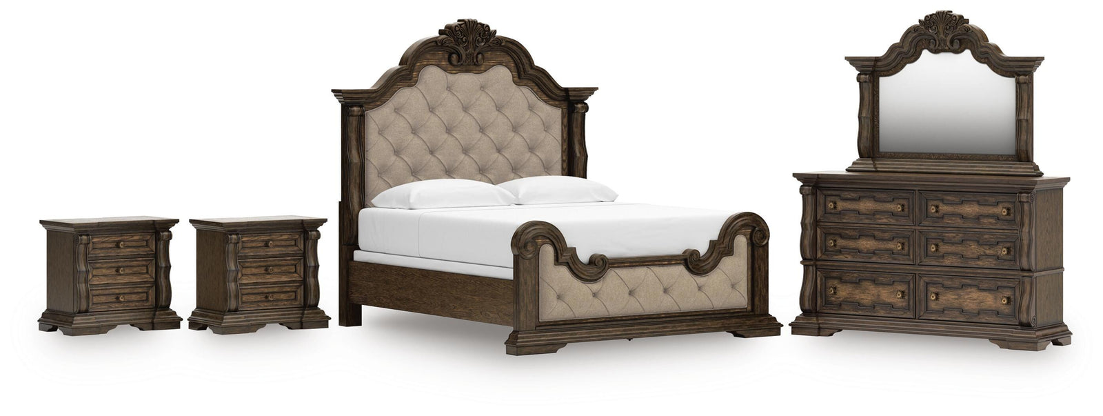 Maylee Upholstered Bed, Dresser, Mirror and 2 Nightstands - Dark Brown (B947-SI)