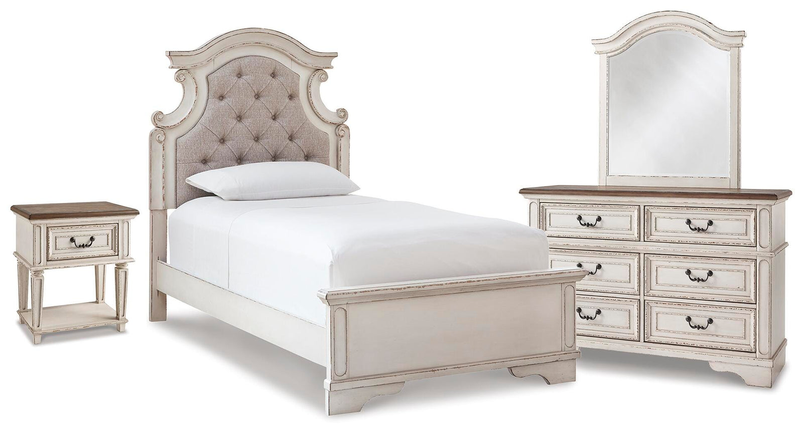 Realyn Panel Bed, Dresser, Mirror and Nightstand - Two-tone (B743-SI)