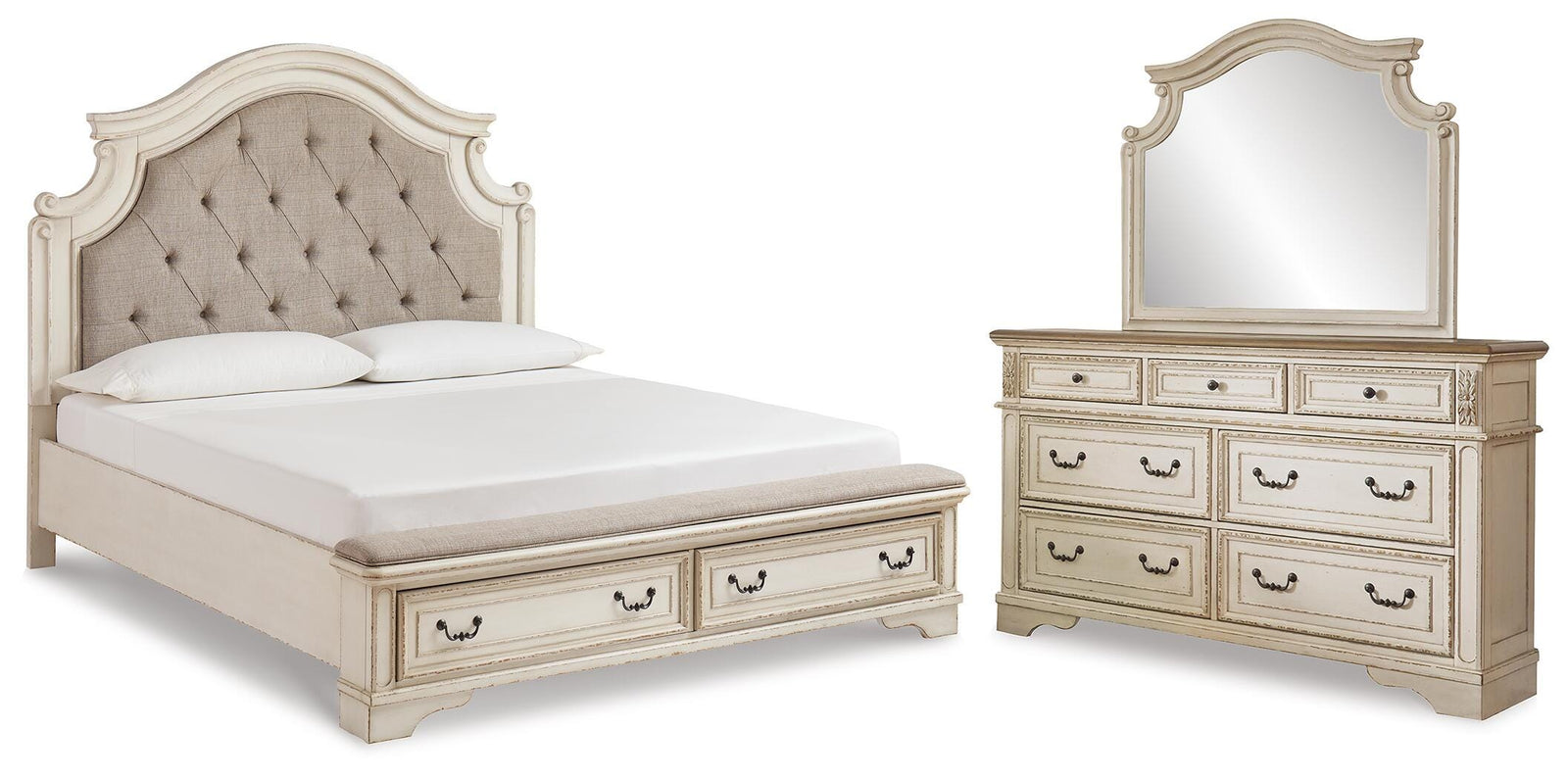Realyn King Upholstered Bed with Dresser and Mirror (Youth) - Chipped White (B743-SI)