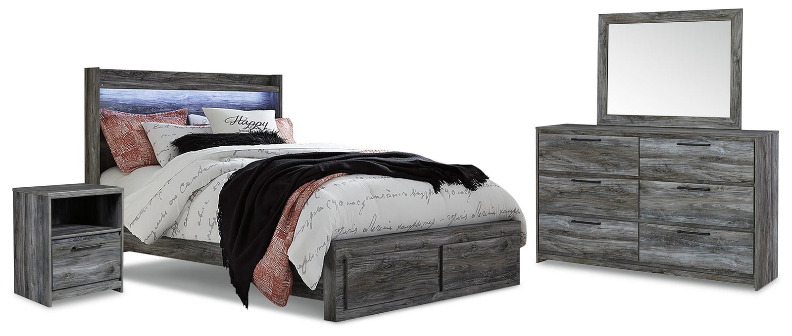 Baystorm Panel Storage Bed with Mirrored Dresser and Nightstand - Gray (B221-SI)