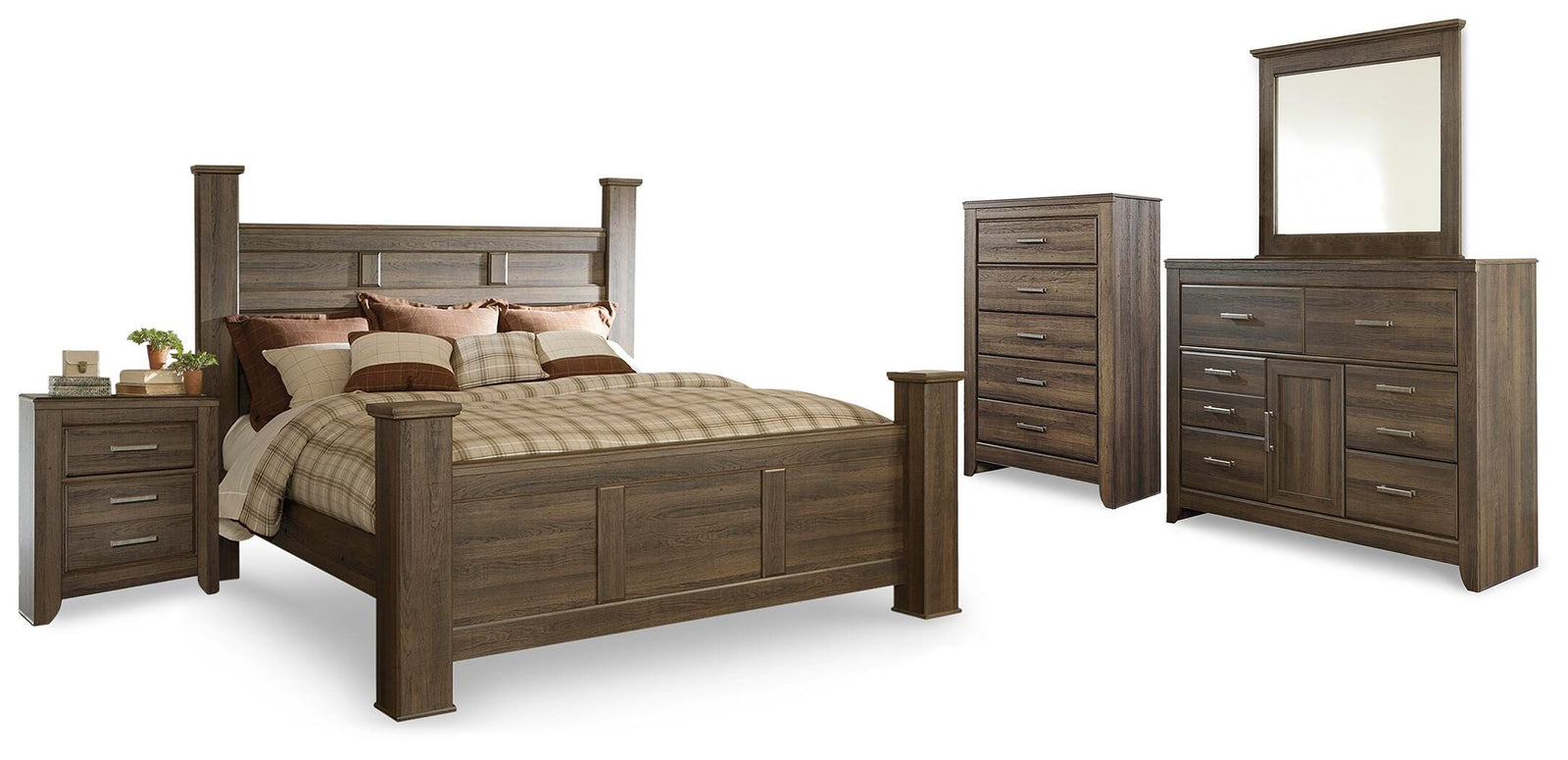 Juararo Poster Bed, Dresser, Mirror, Chest and Nightstand - Dark Brown (B251-SI)