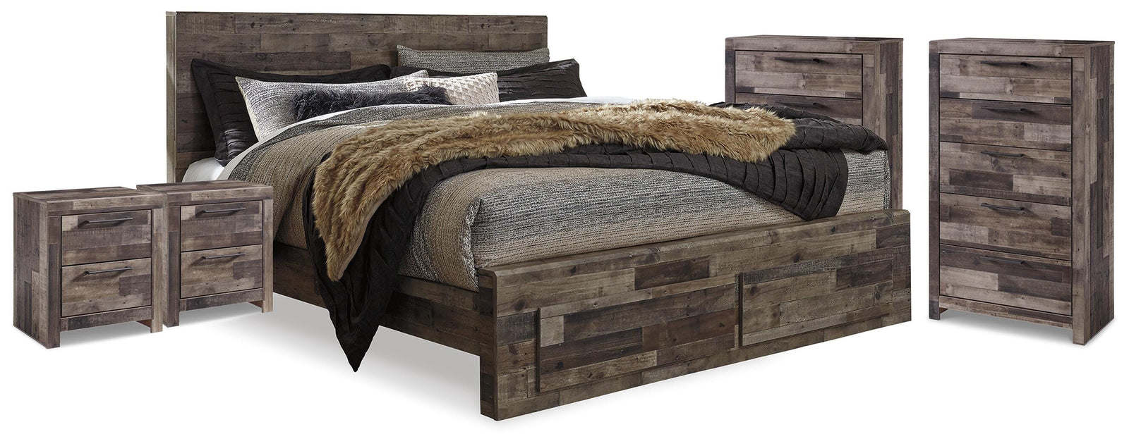 Derekson Panel Storage Bed, 2 Chests and 2 Nightstands - Multi Gray (B200-SI)