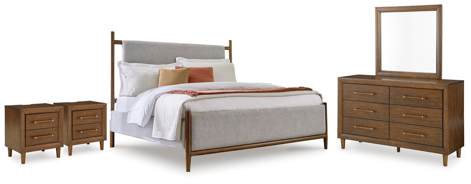 Lyncott Upholstered Bed, Dresser, Mirror and 2 Nightstands (B615-SI)