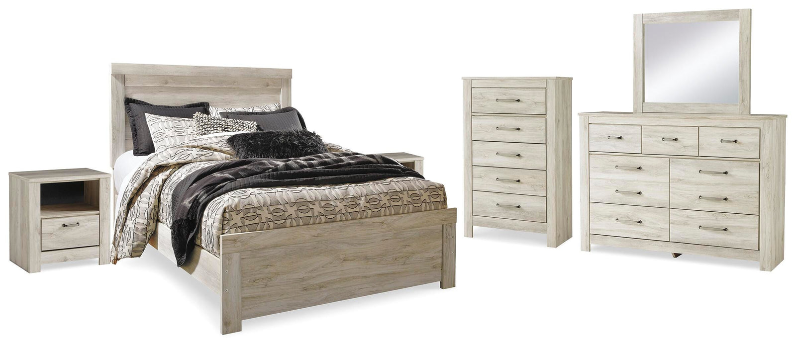 Bellaby Panel Bed, Dresser, Mirror, Chest and 2 Nightstands - Whitewash (B331-SI)
