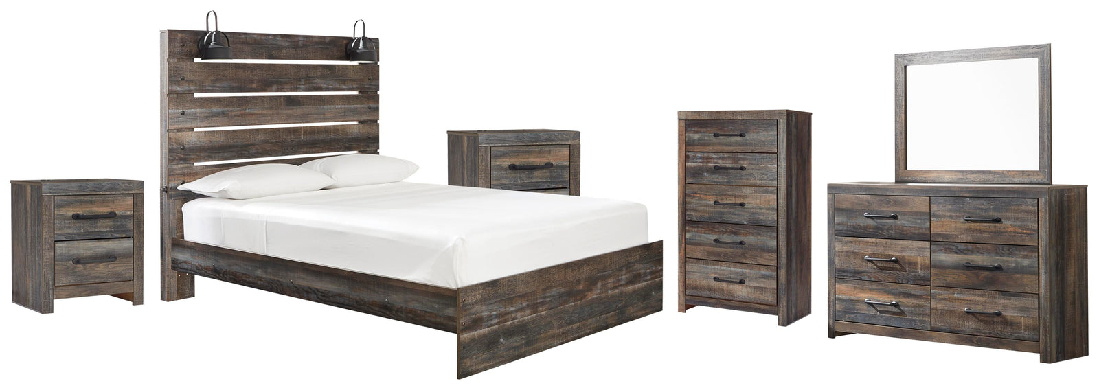 Drystan Panel Bed, Dresser, Mirror, Chest and 2 Nightstands (B211-SI)