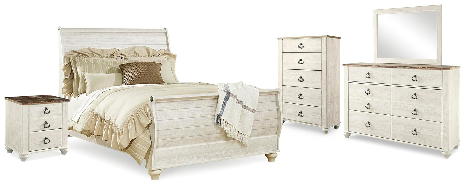 Willowton Sleigh Bed, Dresser, Mirror, Chest and Nightstand - Whitewash (B267-SI)