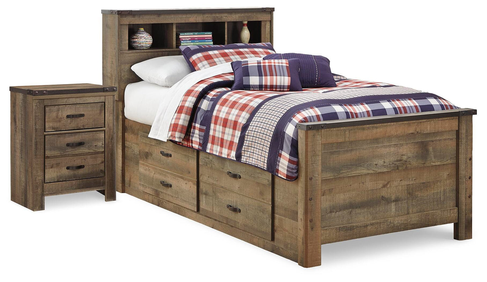 Trinell Panel Bed with Storage and Nightstand - Brown (B446-SI)