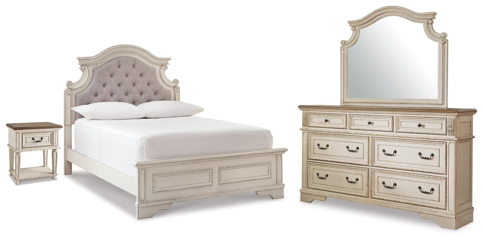 Realyn King Panel Bed, Dresser, Mirror and Nightstand - Two-tone (B743-SI)