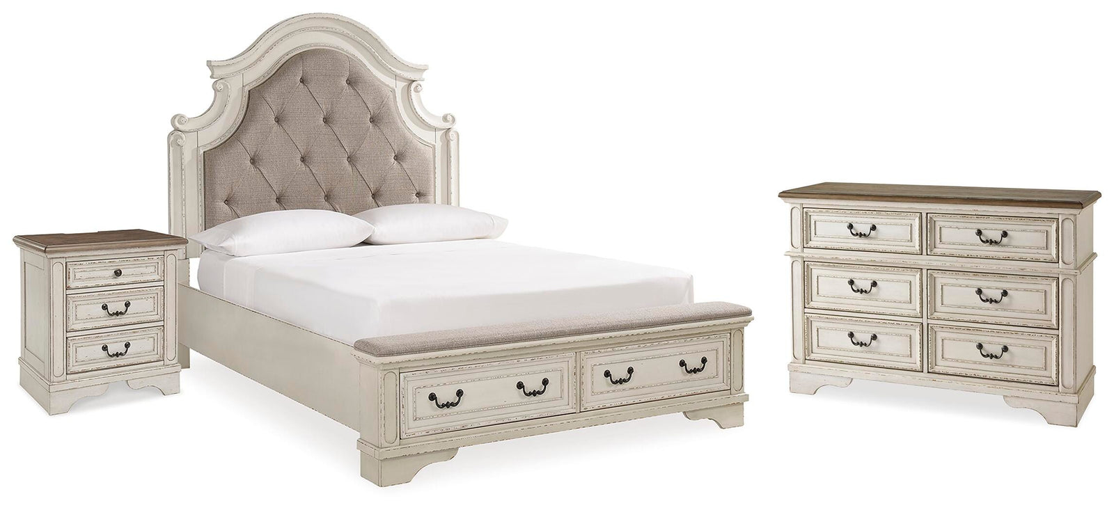 Realyn Upholstered Panel Bed with Storage, Dresser and Nightstand - Two-tone (B743-SI)