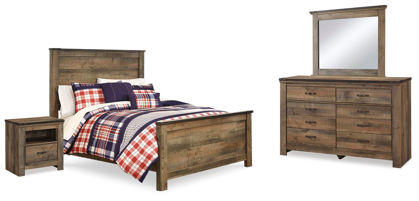 Trinell Panel Bed, Dresser, Mirror and Nightstand - Brown (B446-SI)