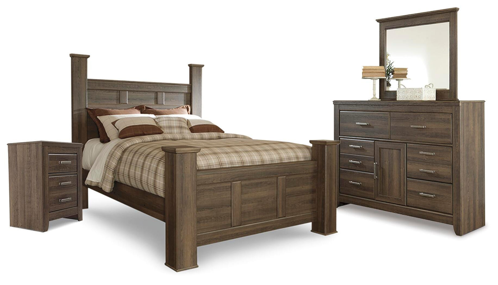 Juararo Poster Bed with Mirrored Dresser and Nightstand - Dark Brown (B251-SI)