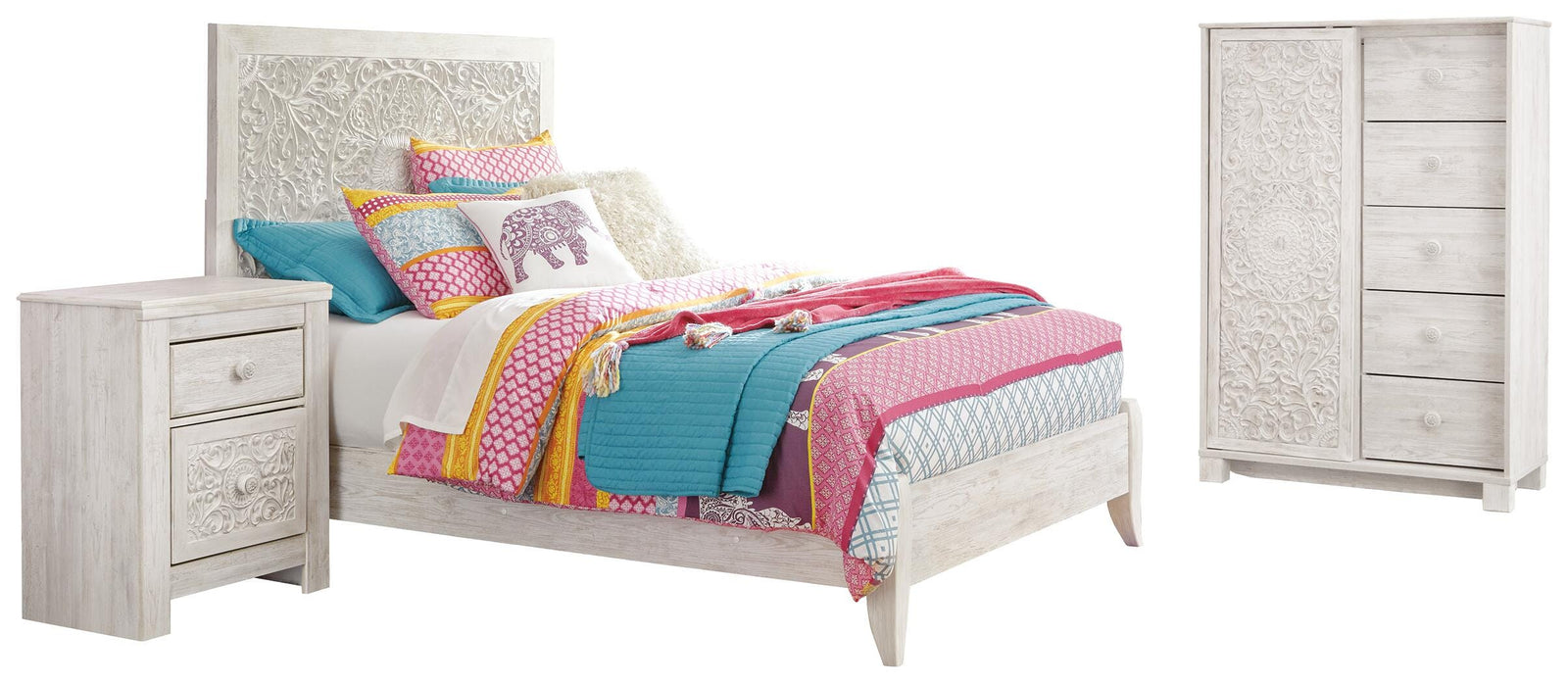 Paxberry Panel Bed, Chest and Nightstand - Whitewash (B181-SI)