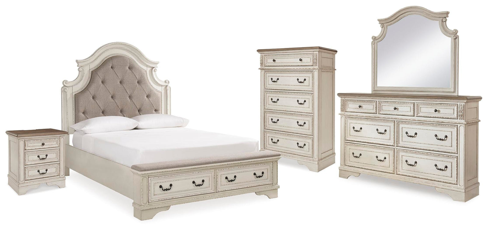 Realyn Upholstered Bed, Dresser, Mirror, Chest and Nightstand - Two-tone (B743-SI)