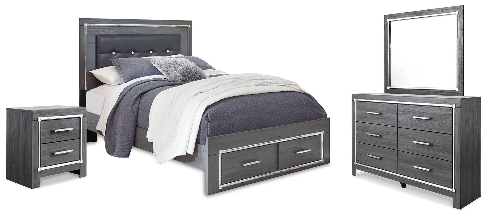 Lodanna Upholstered Panel Storage Bed, Dresser, Mirror, and Nightstand - Gray (B214-SI)