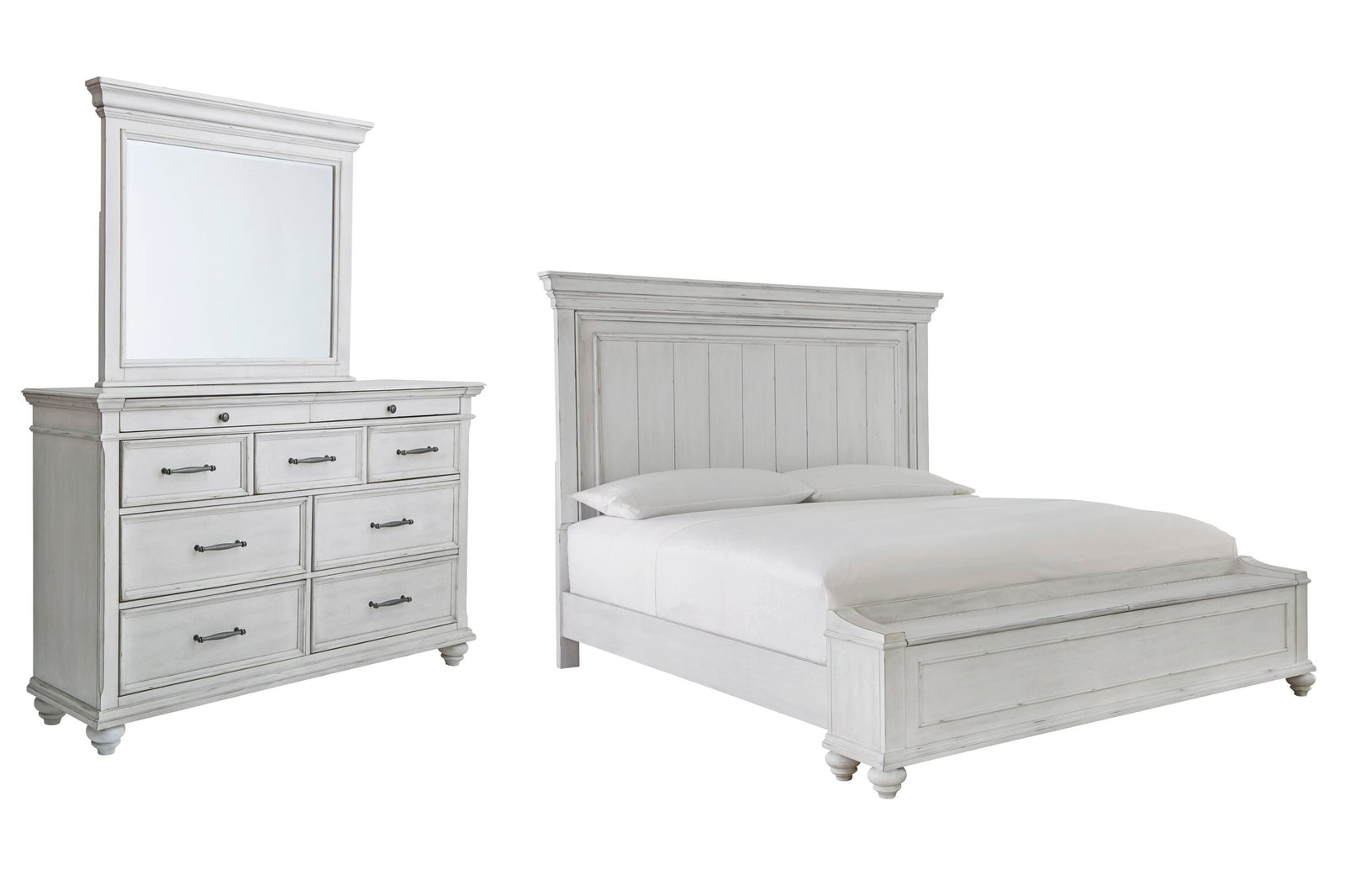 Kanwyn Panel Bed with Storage, Dresser and Mirror - Whitewash (B777-SI)