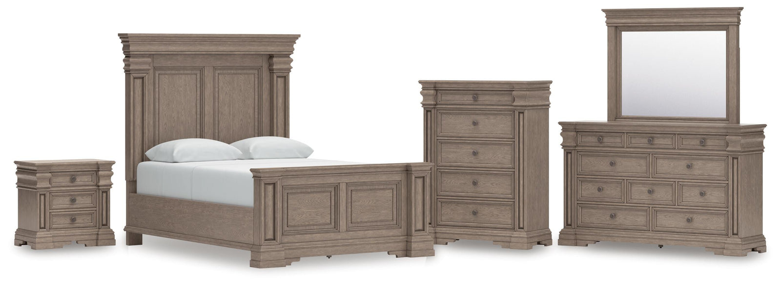 Blairhurst Panel Bed, Dresser, Mirror, Chest and Nightstand - Light Grayish Brown (B916-SI)