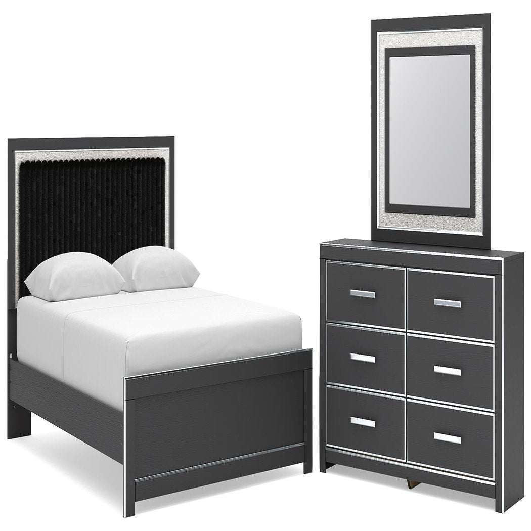 Zuraleus Queen Upholstered Panel Platform Bed, Dresser and Mirror (PCB3380-SI)