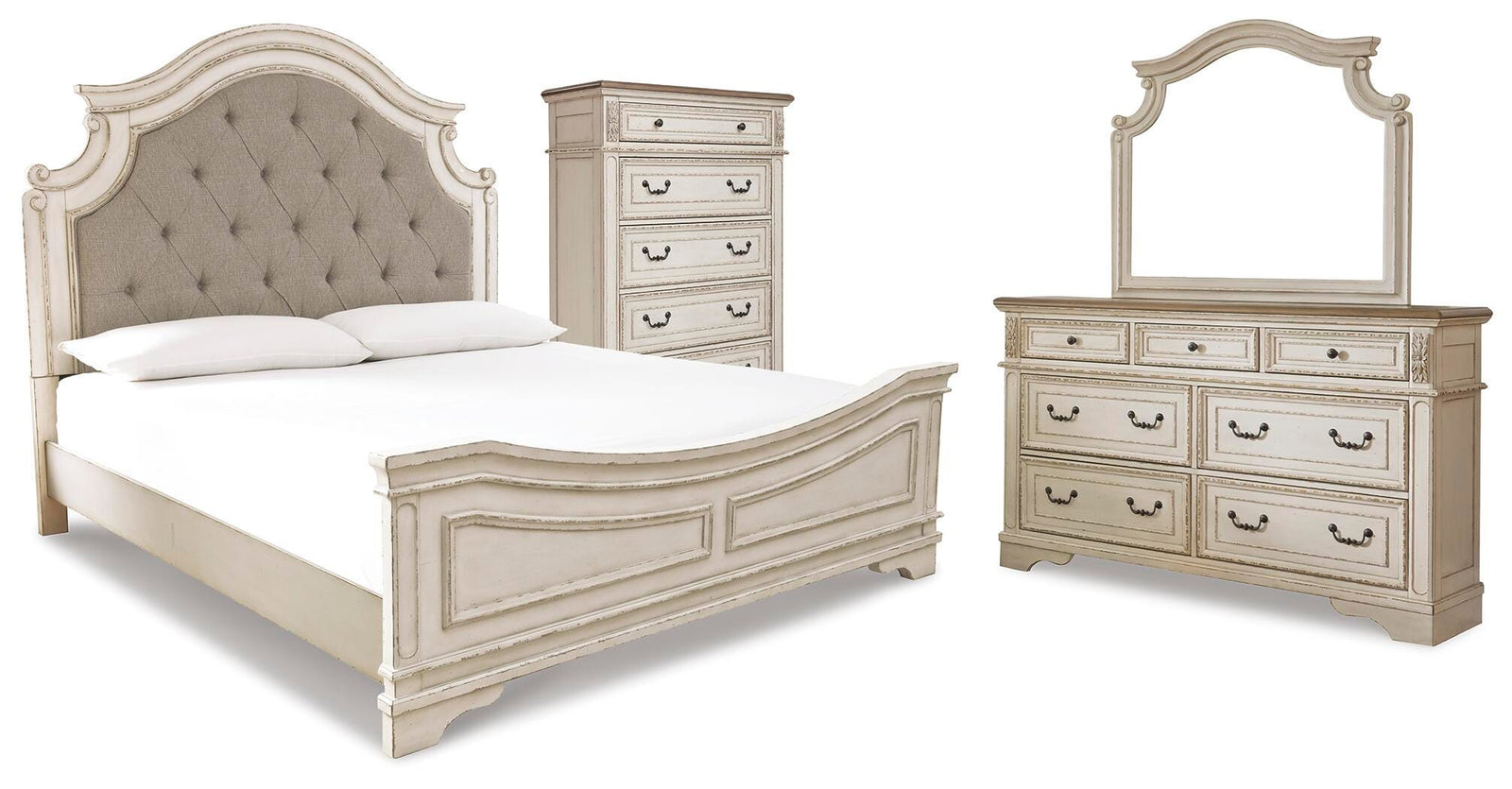 Realyn Panel Bed, Dresser, Mirror and Chest - Two-tone (B743-SI)