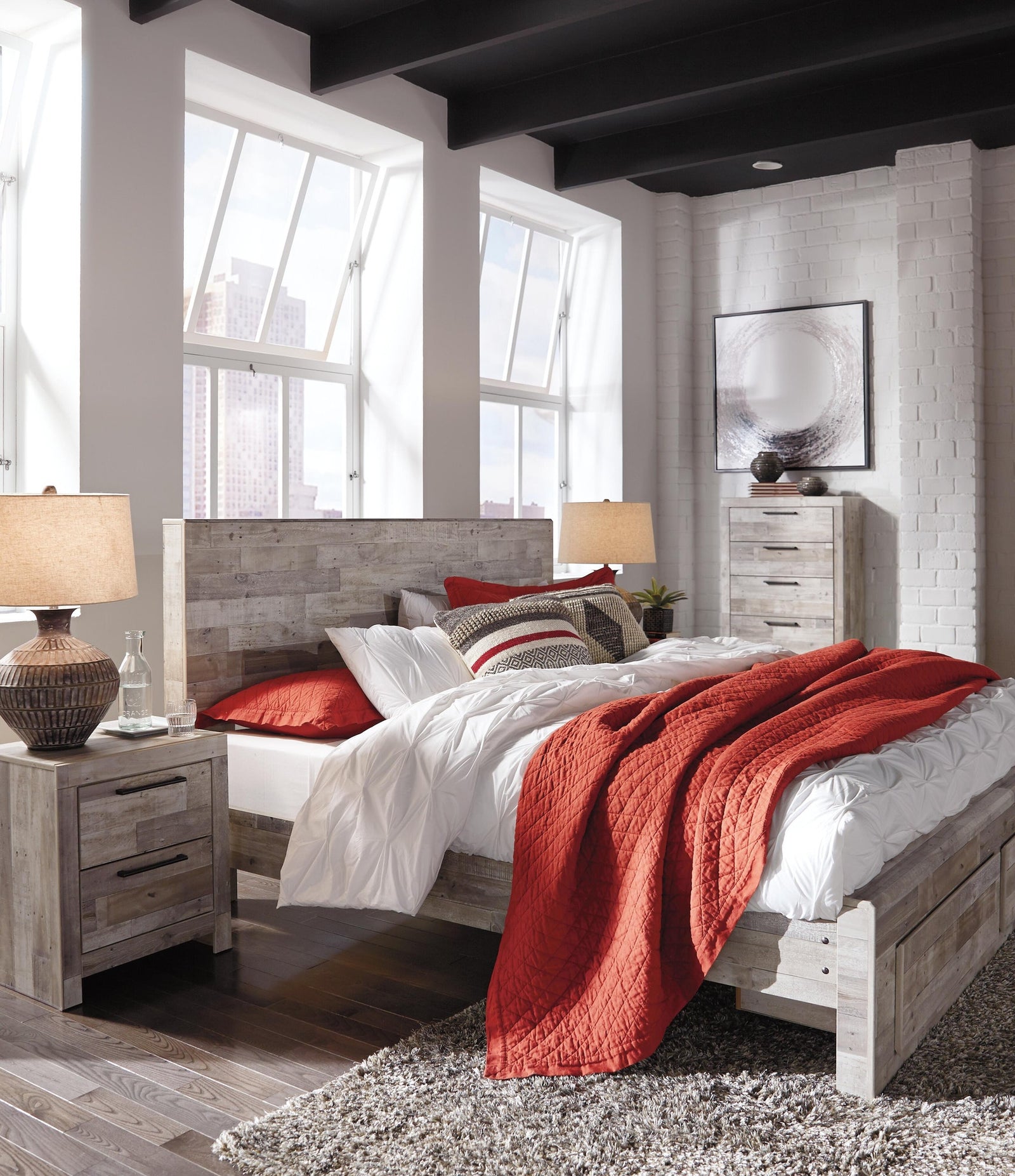 Effie Panel Bed with 2 Storage Drawers - Whitewash (B255-SI) - Image 5