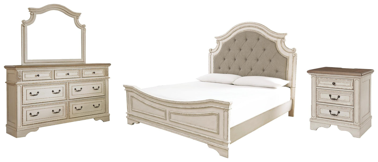 Realyn Bed with Mirrored Dresser and Nightstand - Chipped White (B743-SI)