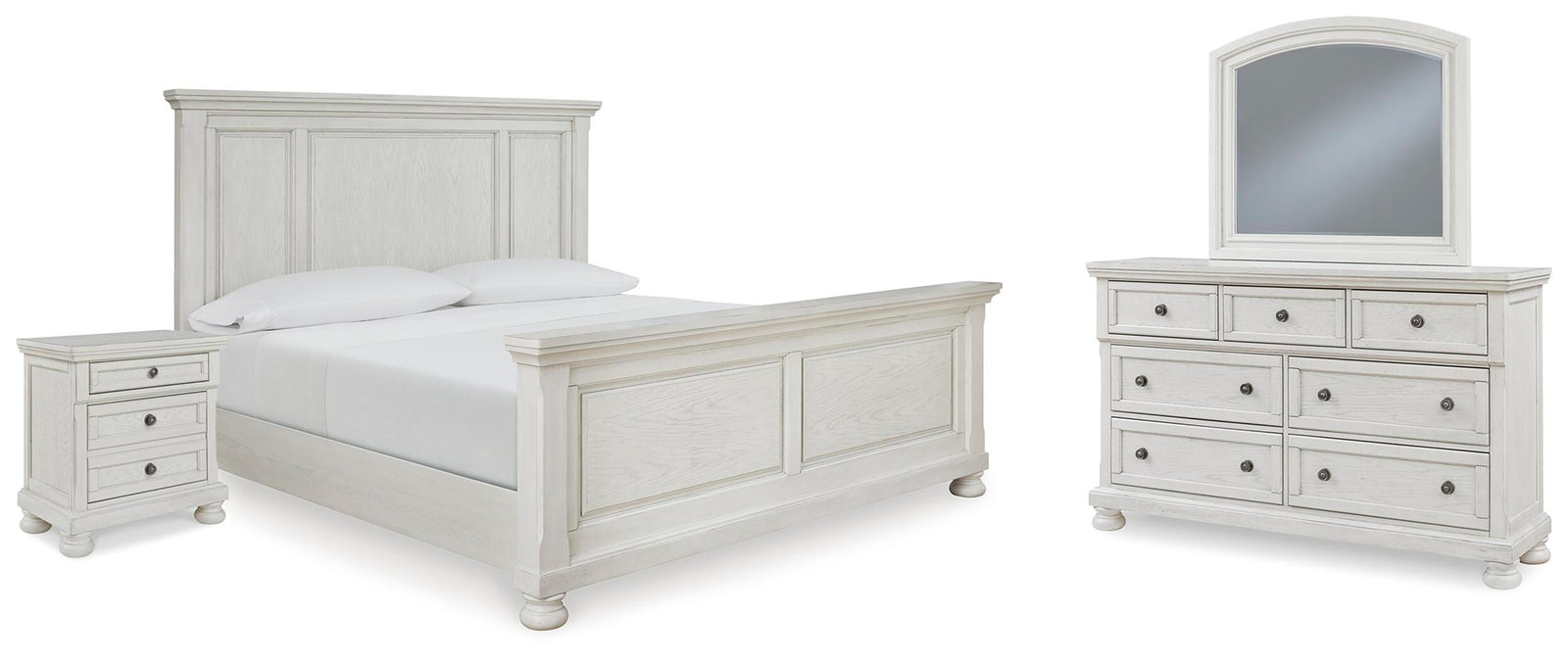 Robbinsdale Panel Bed, Dresser, Mirror and Nightstand - Antique White (B742-SI)