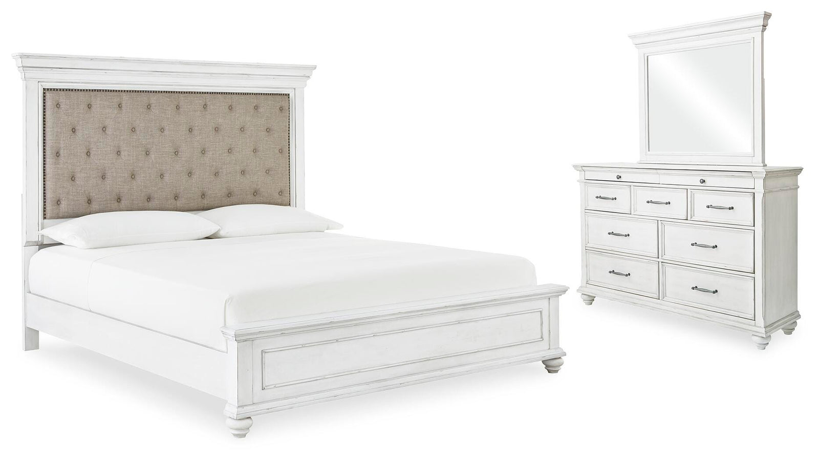 Kanwyn Bed with Mirrored Dresser - Whitewash (B777-SI)