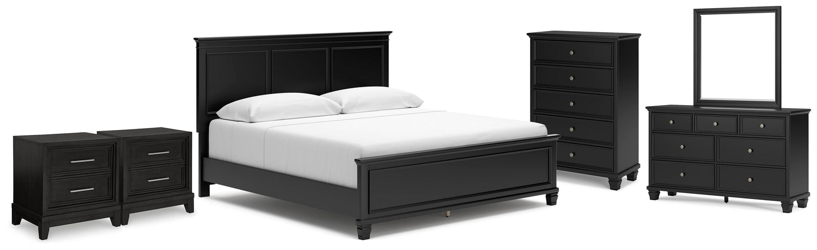 Lanolee Panel Bed, Dresser, Mirror, Chest and 2 Nightstands - Black (B687-SI)