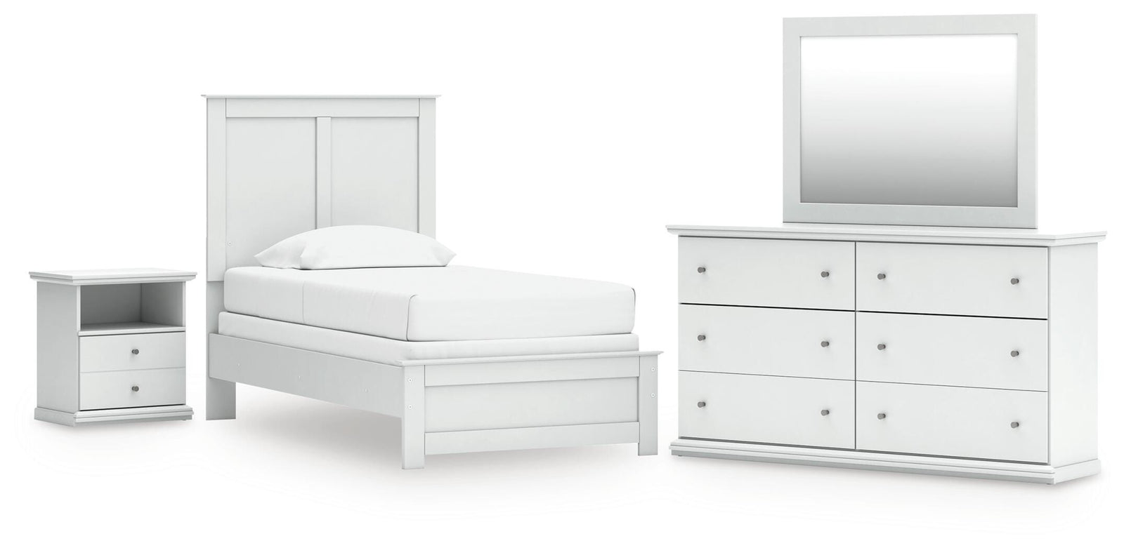 Bostwick Shoals Twin Panel Bed, Dresser, Mirror and Nightstand - White (B139-SI)