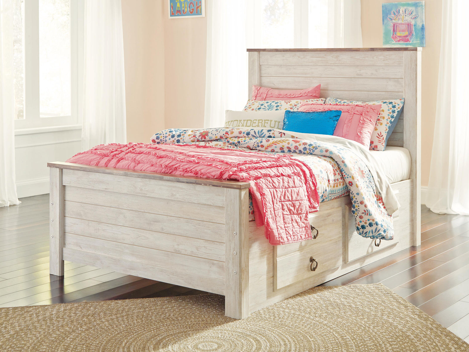 Willowton Panel Bed with 2 Storage Drawers (Youth) - Whitewash (B267-SI) - Image 2