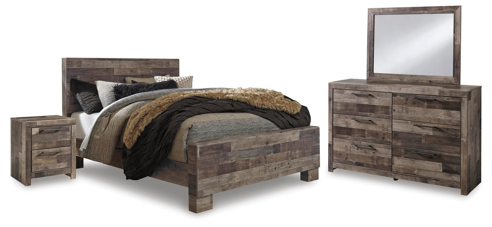 Derekson Bed with Mirrored Dresser and Nightstand - Multi Gray (B200-SI)