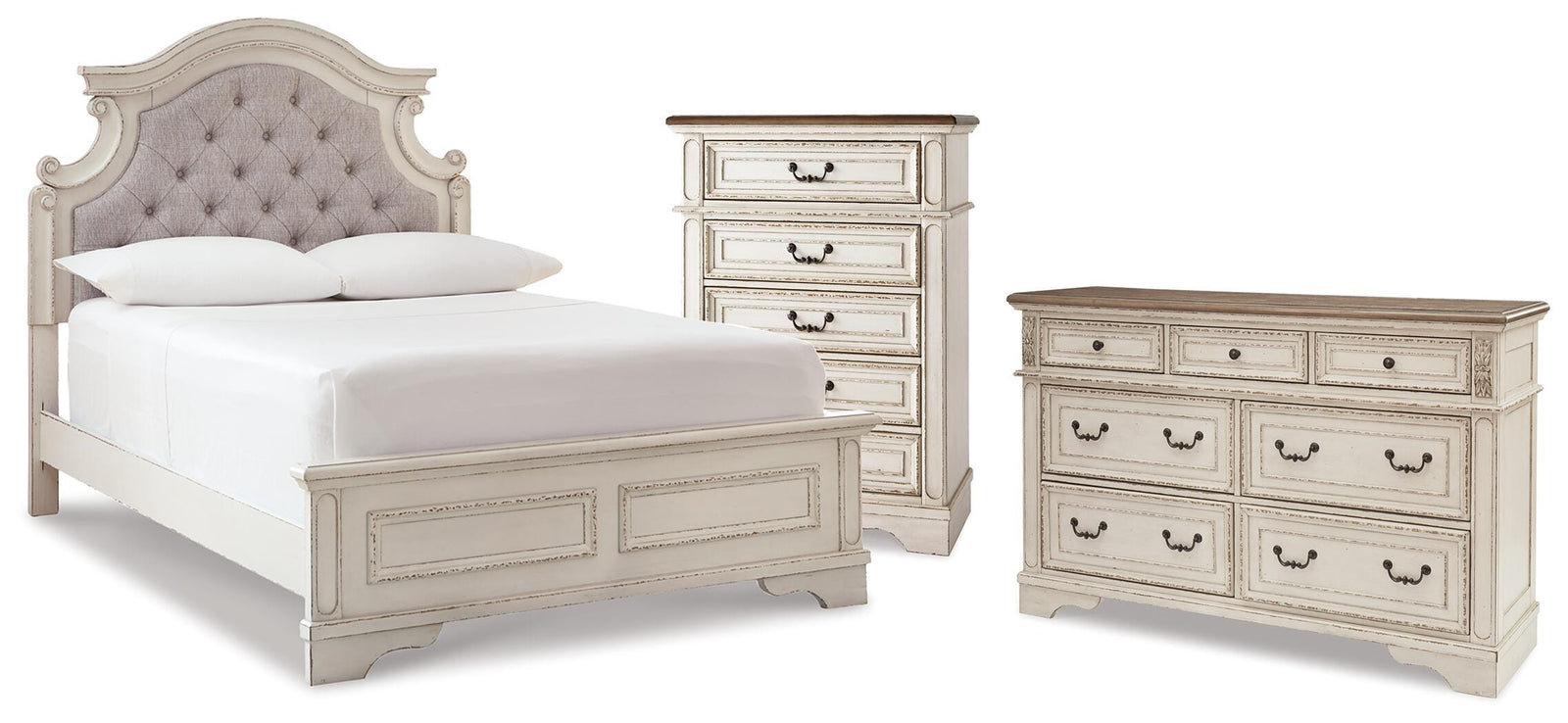 Realyn Panel Bed, Dresser and Chest - Two-tone (B743-SI)