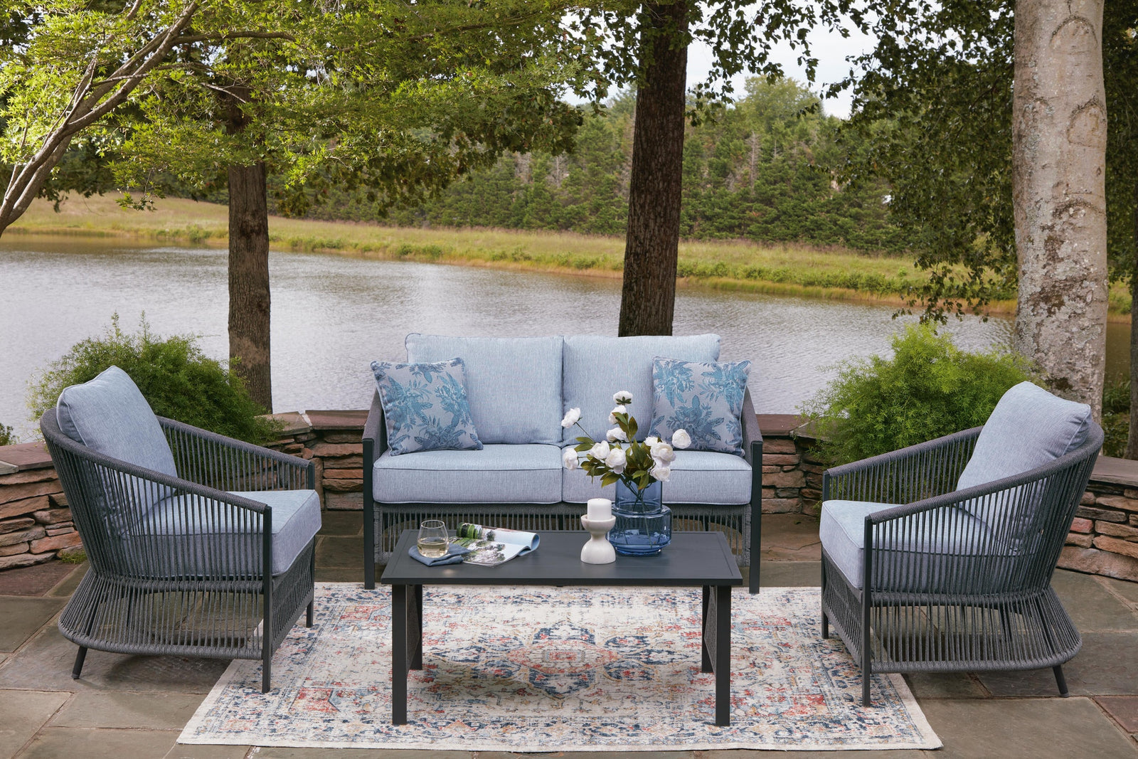 Bridges Beach Outdoor Love/Chairs/Table Set (Set of 4) (PCP391-SI) - Image 4