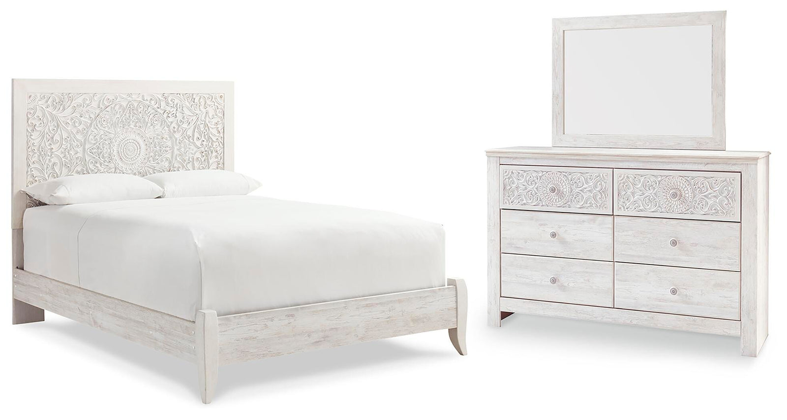 Paxberry Panel Bed, Dresser and Mirror - Whitewash (B181-SI)