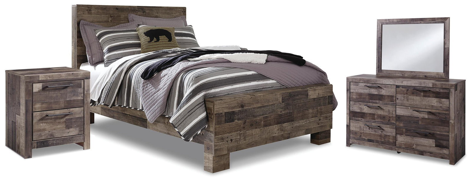 Derekson Panel Bed, Dresser, Mirror and Nightstand - Multi Gray (B200-SI)