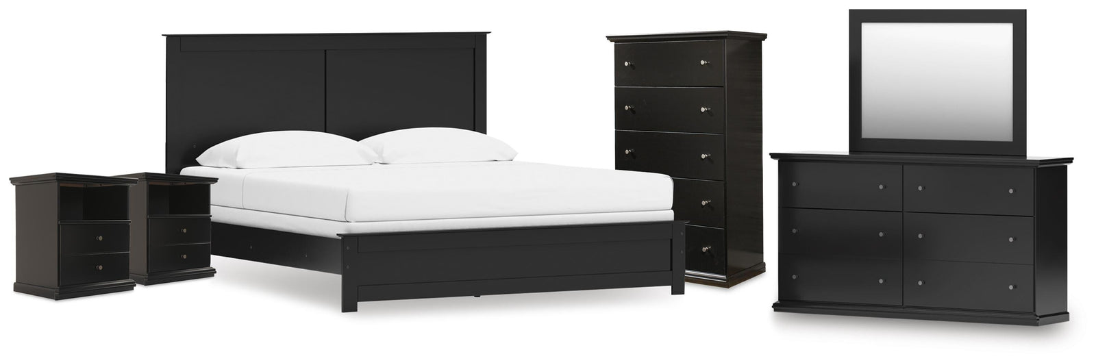 Maribel Panel Bed, Dresser, Mirror, Chest, and 2 Nightstands - Black (B138-SI)
