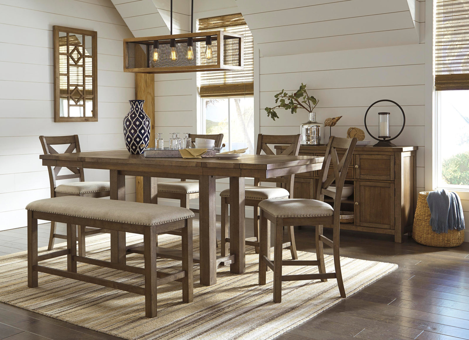 Moriville Counter Height Dining Table with 4 Barstools, Bench, and Server (D631-SI) - Image 3