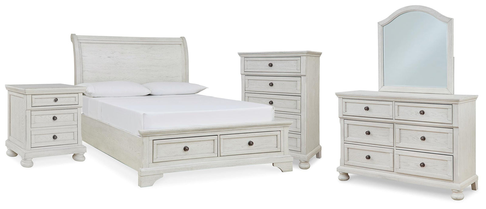 Robbinsdale Storage Sleigh Bed, Dresser, Mirror, Chest and Nightstand - Antique White (B742-SI)