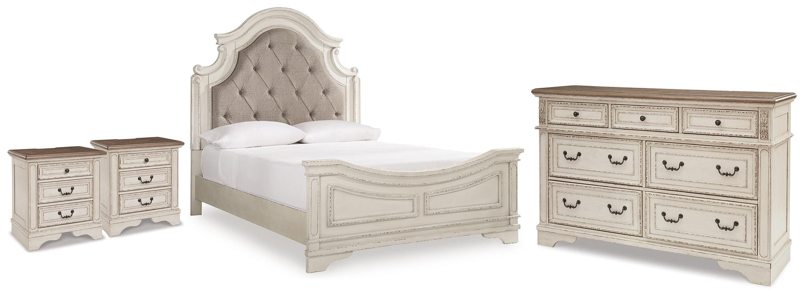 Realyn Upholstered Panel Bed, Dresser and 2 Nightstands - Two-tone (B743-SI)