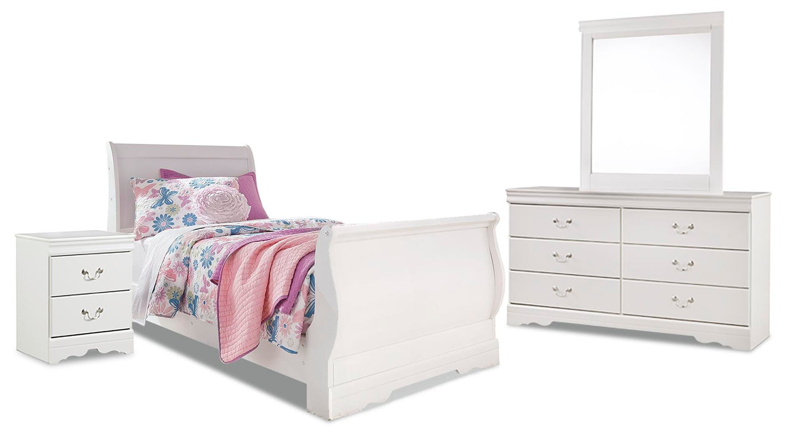 Anarasia Sleigh Bed, Dresser, Mirror and Nightstand - White (B129-SI)