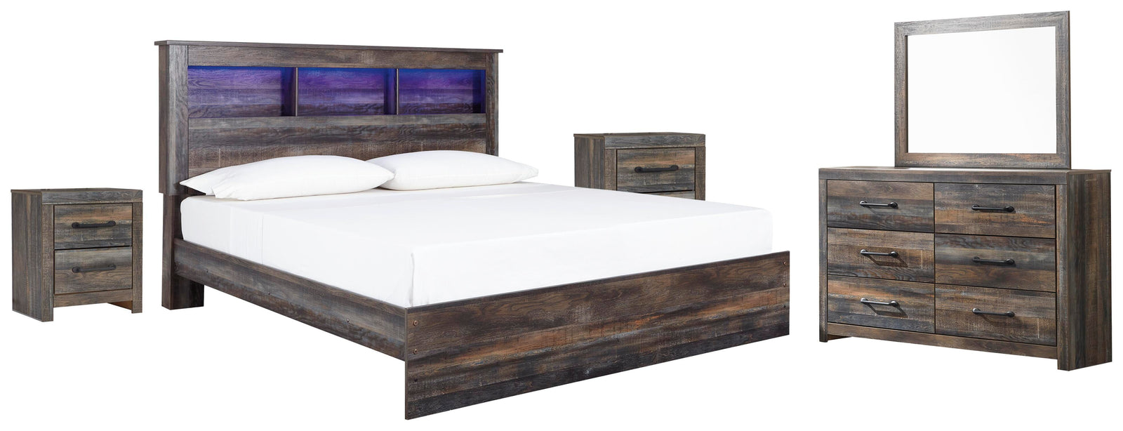Drystan Panel Bed, Dresser, Mirror and 2 Nightstands (B211-SI)