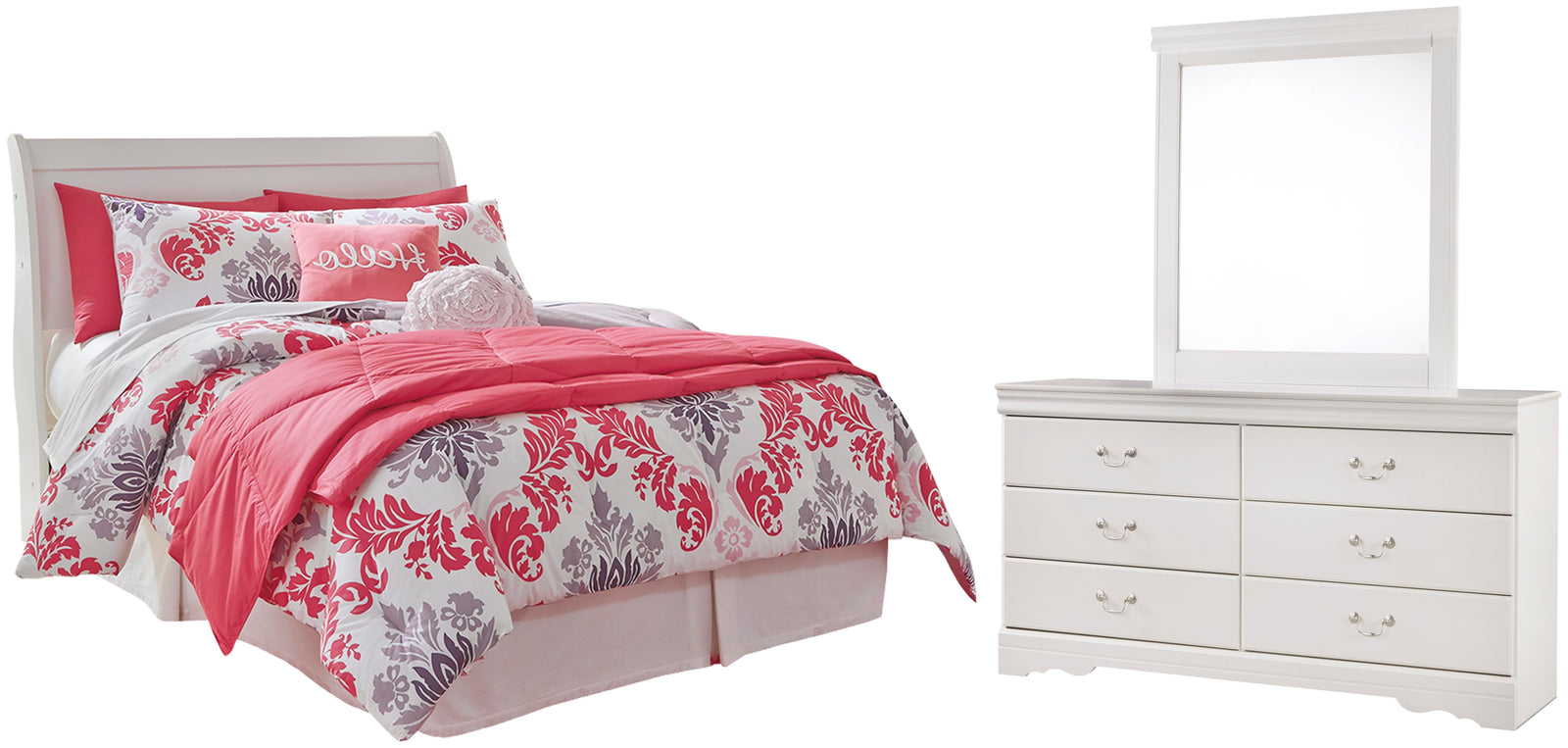 Anarasia Sleigh Headboard, Dresser and Mirror - White (B129-SI)