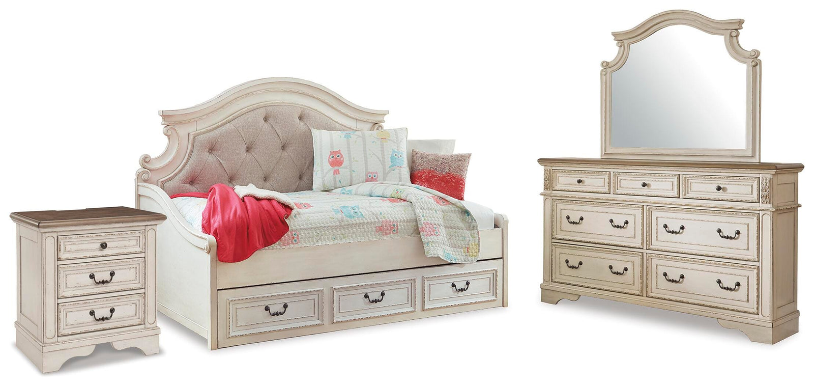 Realyn Day Bed with Storage, Dresser, Mirror and Nightstand (B743-SI)