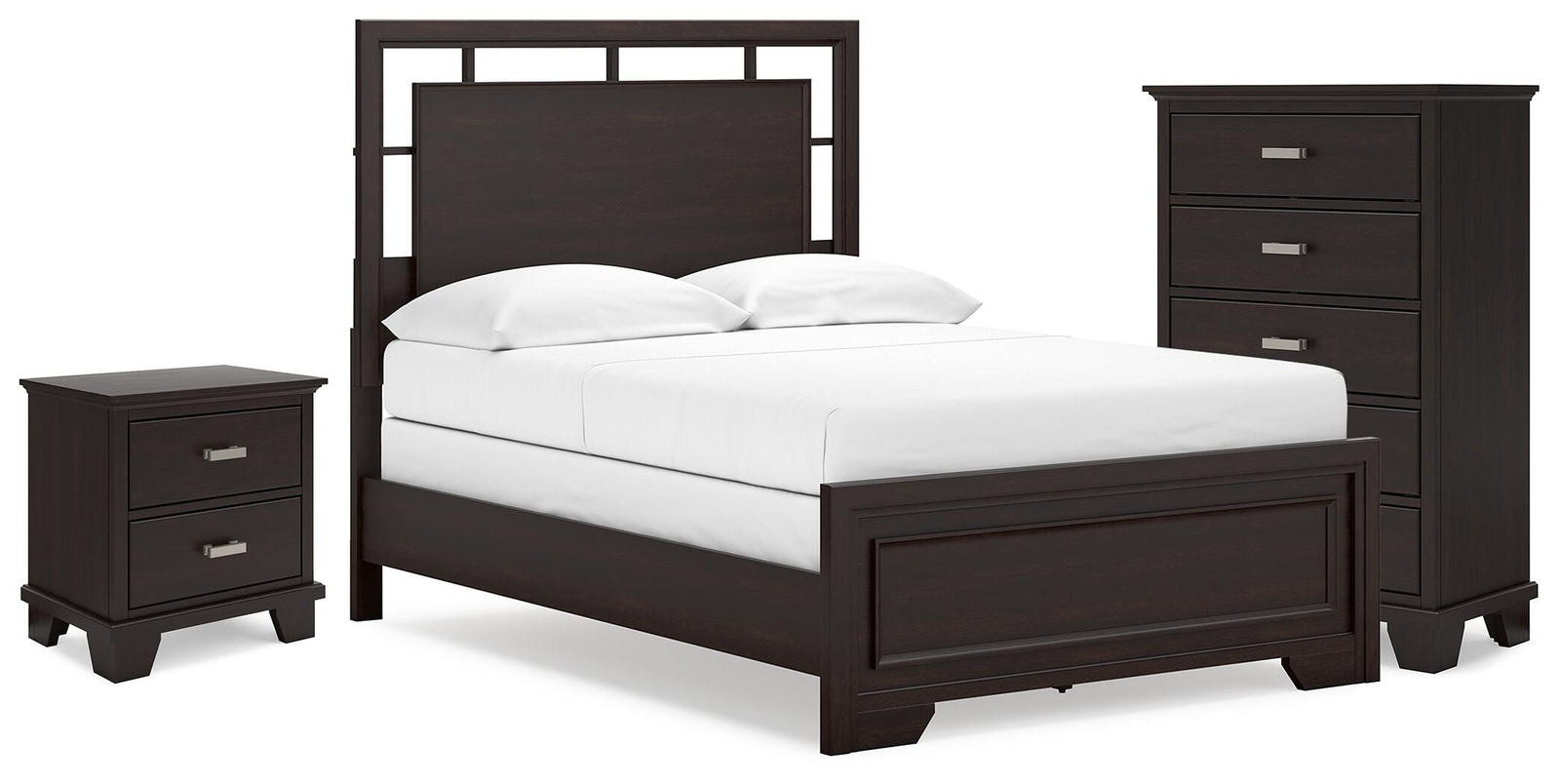 Covetown Panel Bed, Chest and Nightstand - Dark Brown (B441-SI)