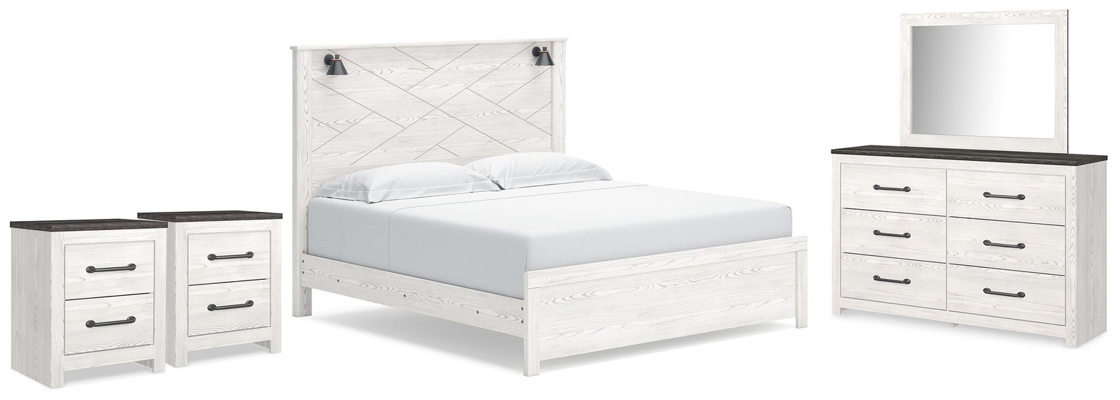 Gerridan Panel Bed, Dresser, Mirror and 2 Nightstands - White/Gray (B1190-SI)