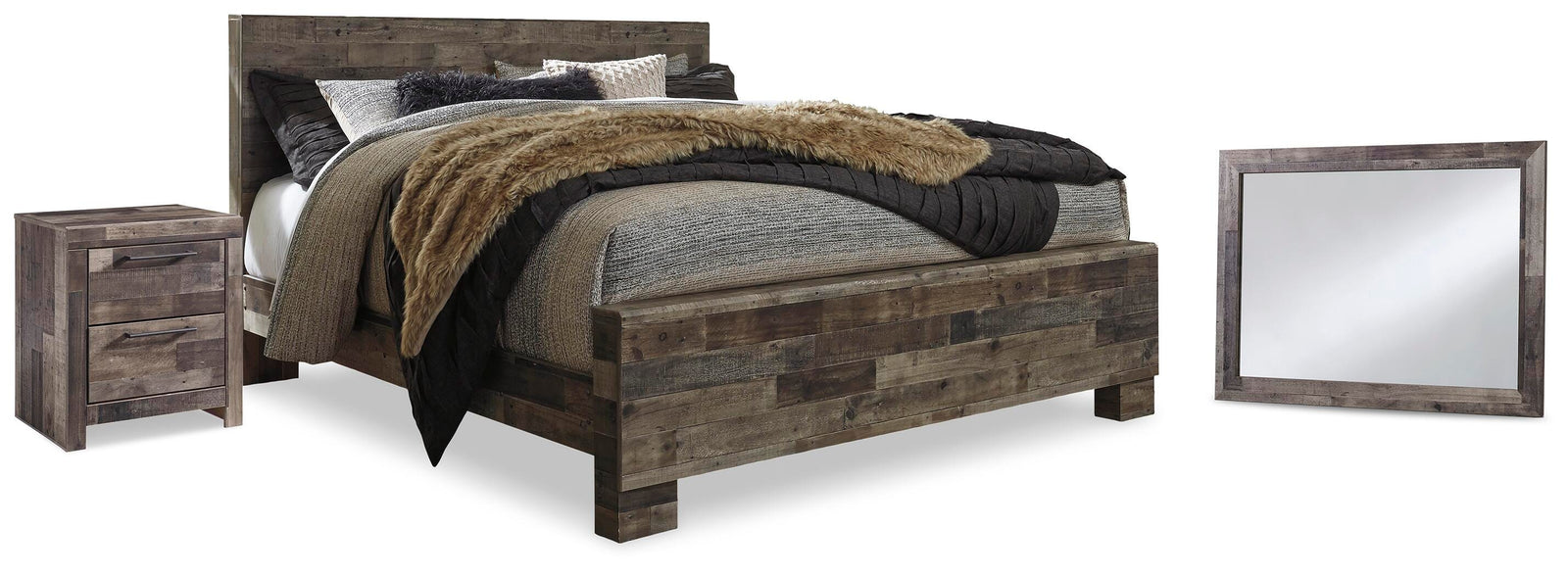 Derekson Panel Bed, Mirror and Nightstand - Multi Gray (B200-SI)