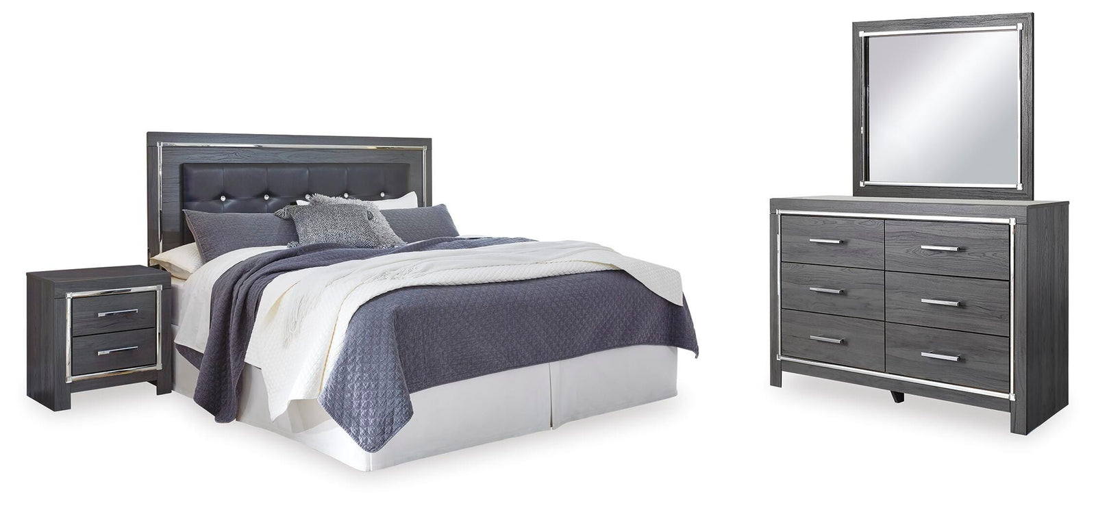 Lodanna Upholstered Panel Headboard, Dresser, Mirror, and Nightstand - Gray (B214-SI)