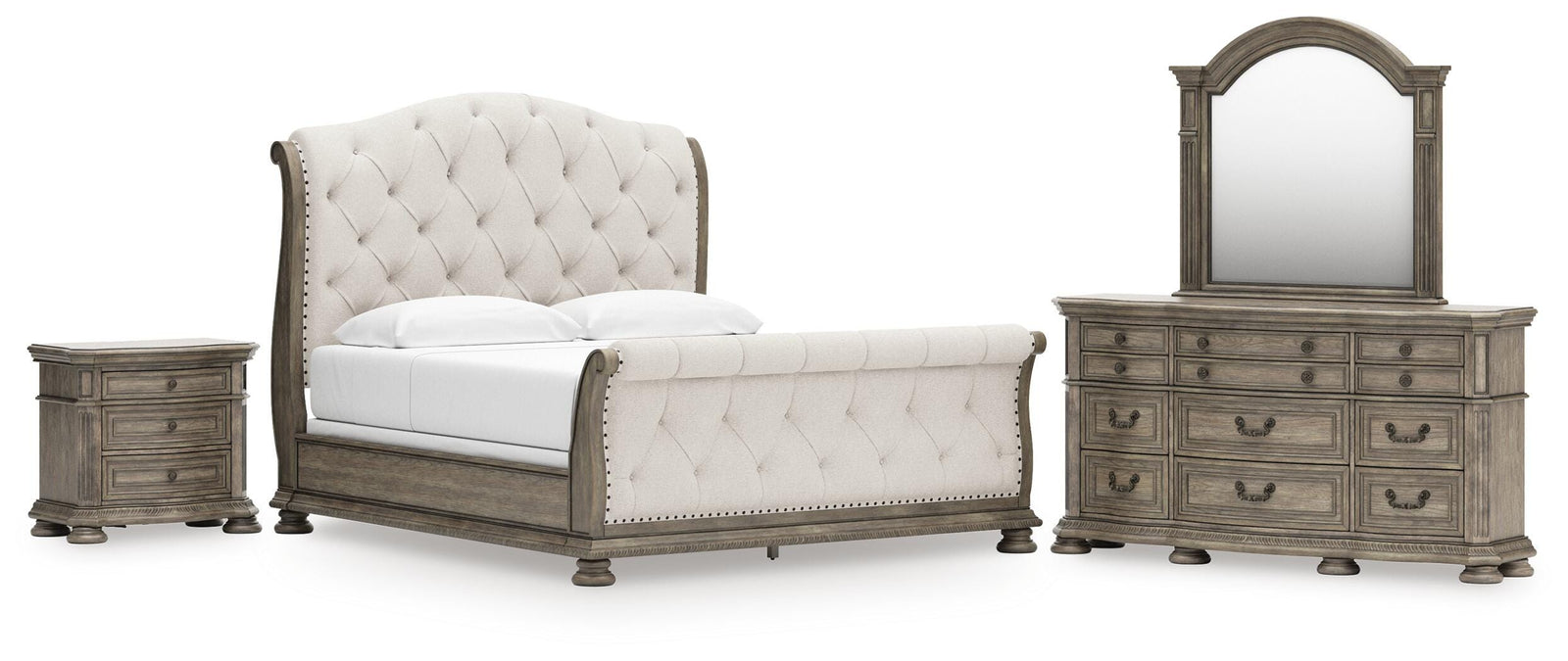 Ardenfield Sleigh Bed, Dresser, Mirror and Nightstand - Light Brown (B944-SI)