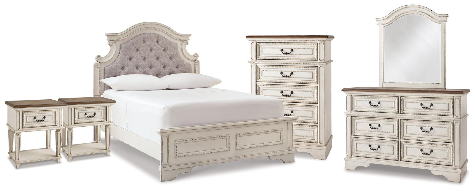 Realyn Upholstered Panel Bed, Dresser, Mirror, Chest and 2 Nightstands - Two-tone (B743-SI)