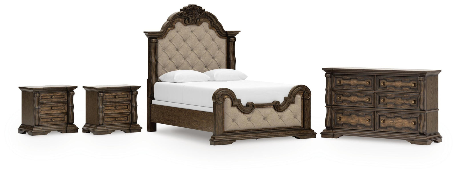 Maylee Upholstered Panel Bed, Dresser and 2 Nightstands (B947-SI)