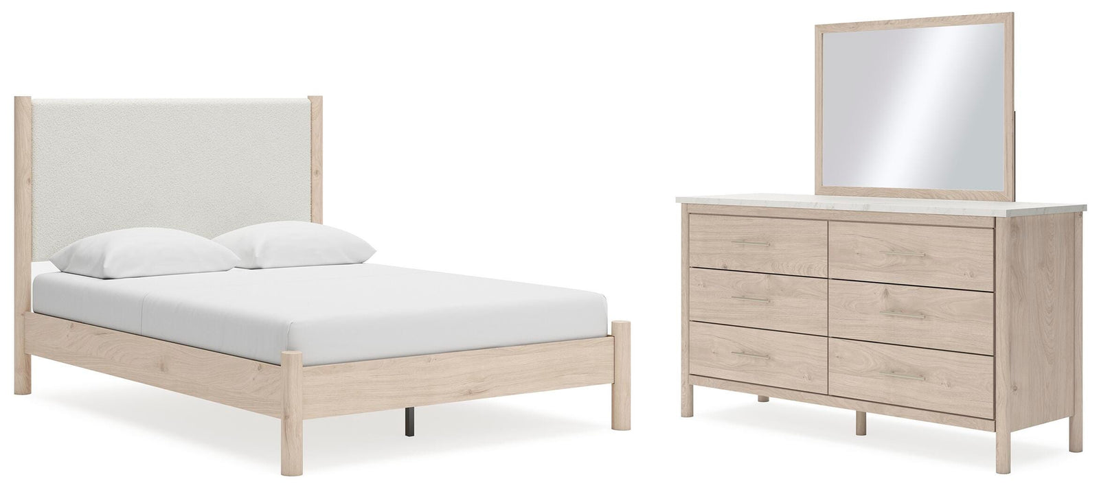 Cadmori Upholstered Panel Bed, Dresser and Mirror - Two-tone (B2615-SI)